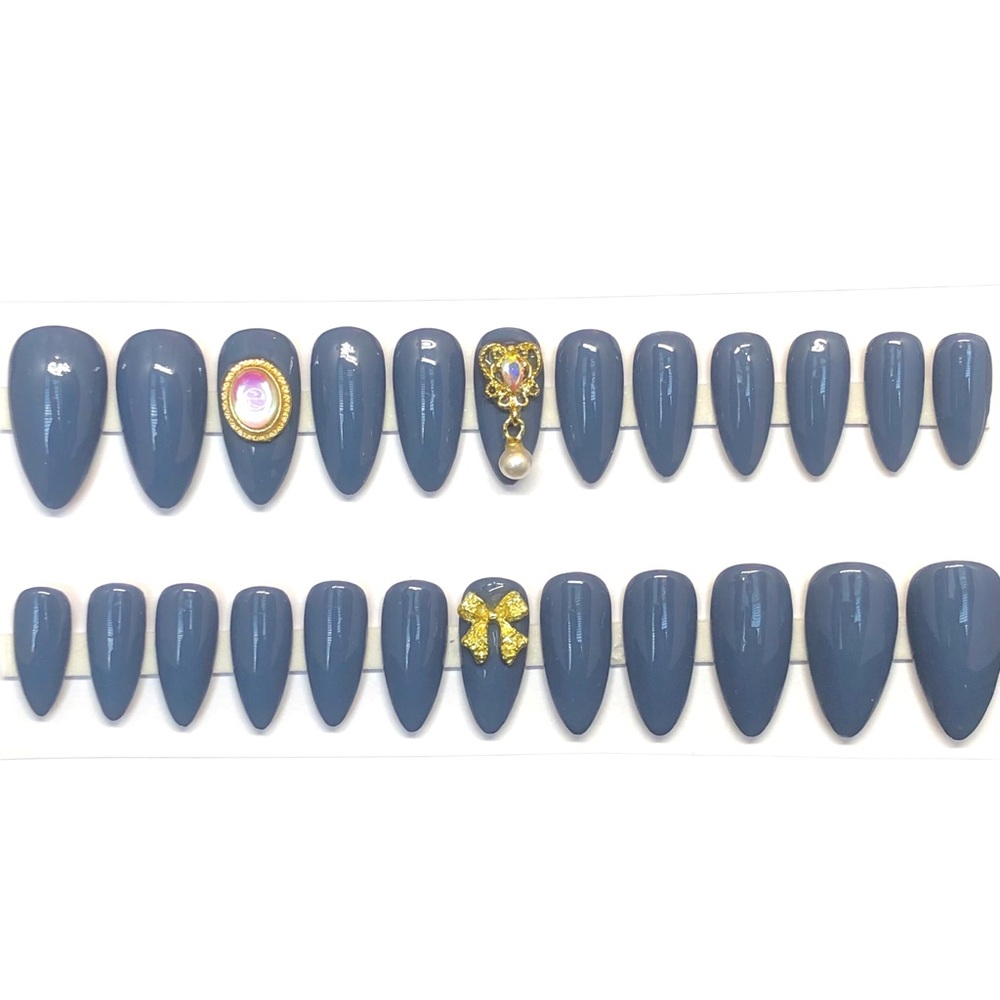 Handmade Press On Nails Medium Length False Nails Almond Shape Blue Gray Nails